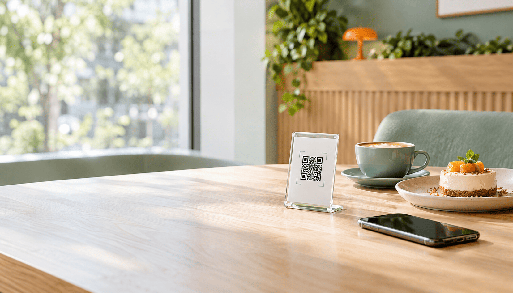 Табличка с QR-кодом на столе в кафе